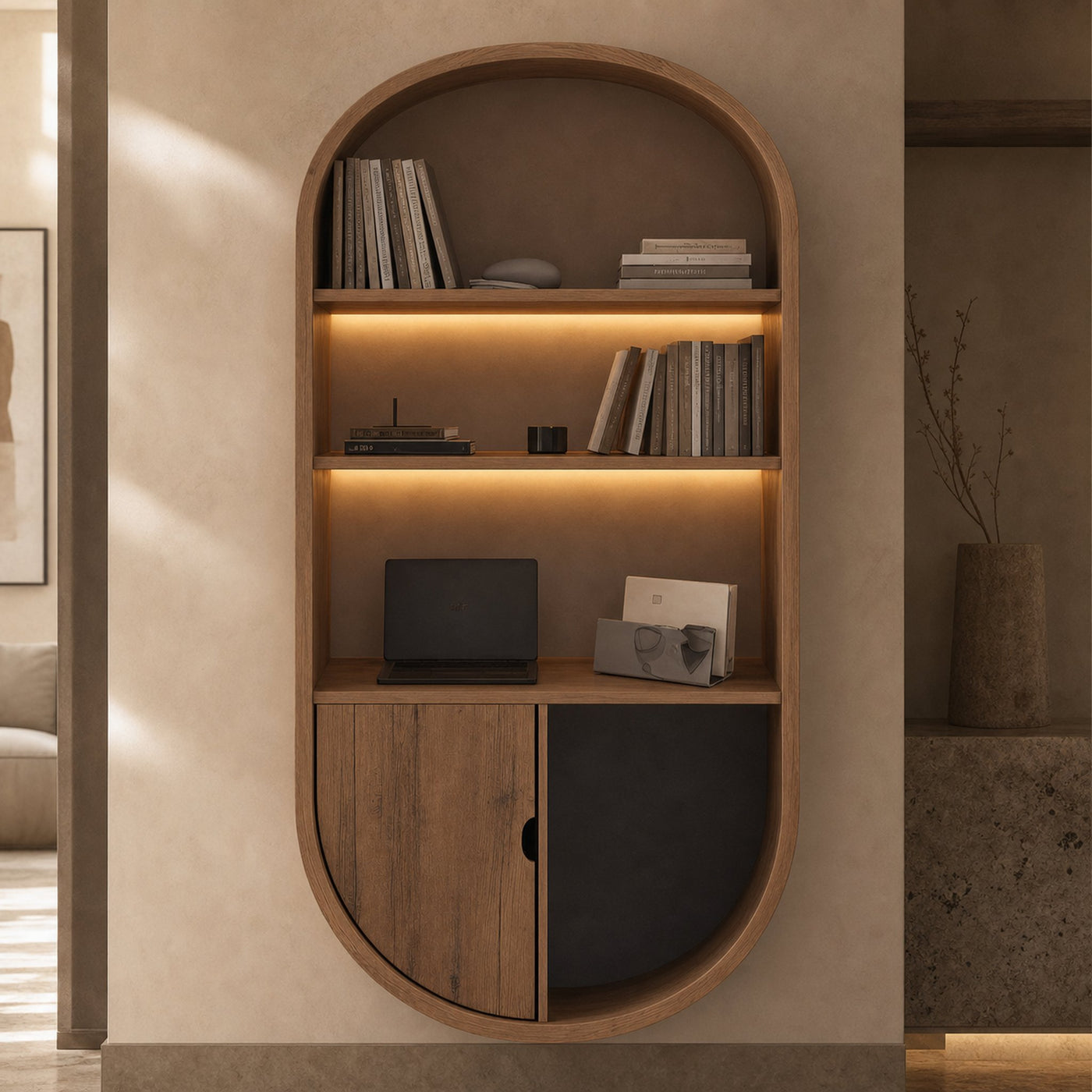 Arched Wooden Wall Bookshelf With Storage For Living Room - product view 4