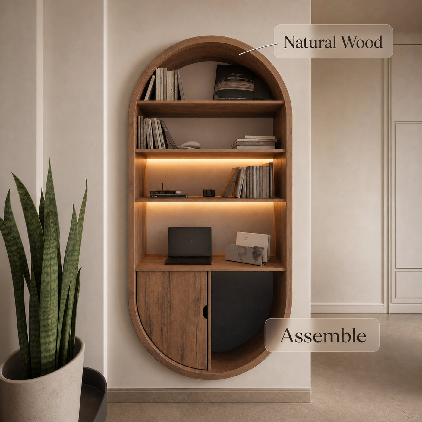 Arched Wooden Wall Bookshelf With Storage For Living Room - product view 5