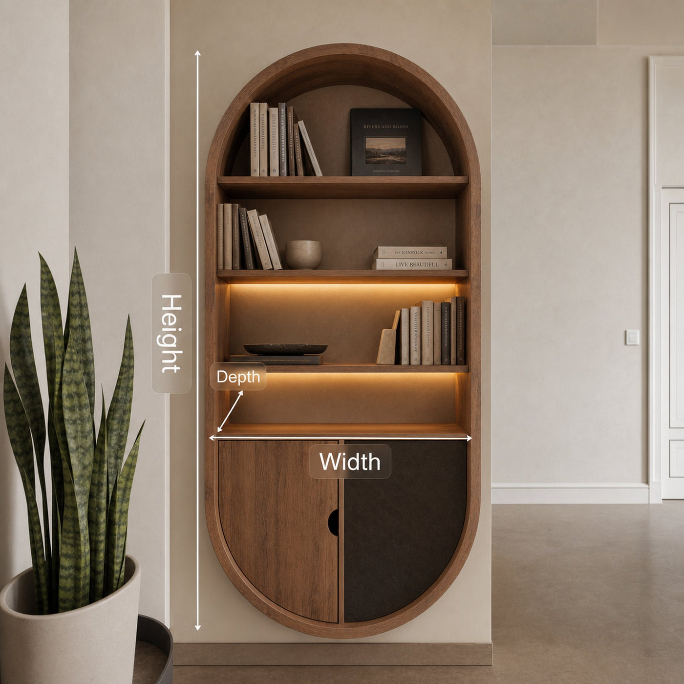 Arched Wooden Wall Bookshelf With Storage For Living Room - product view 6