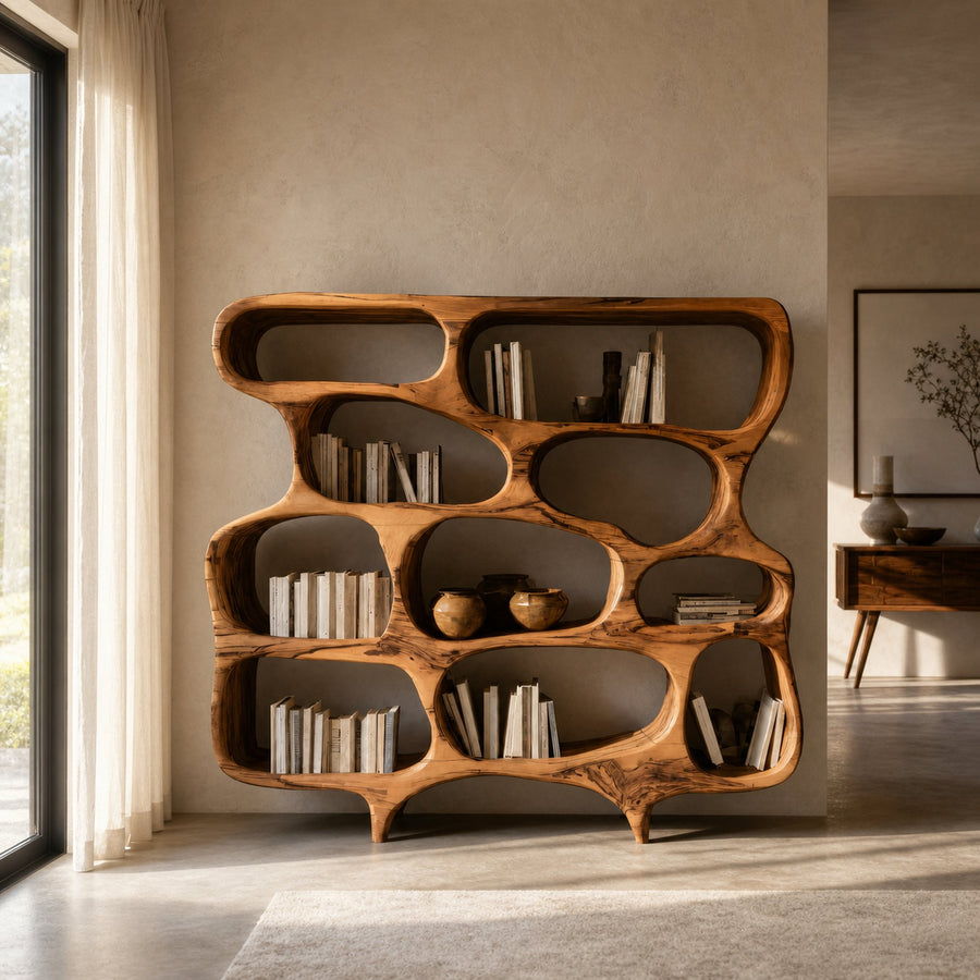 Artistic Bookshelf With Curved Design For Living Room Interior