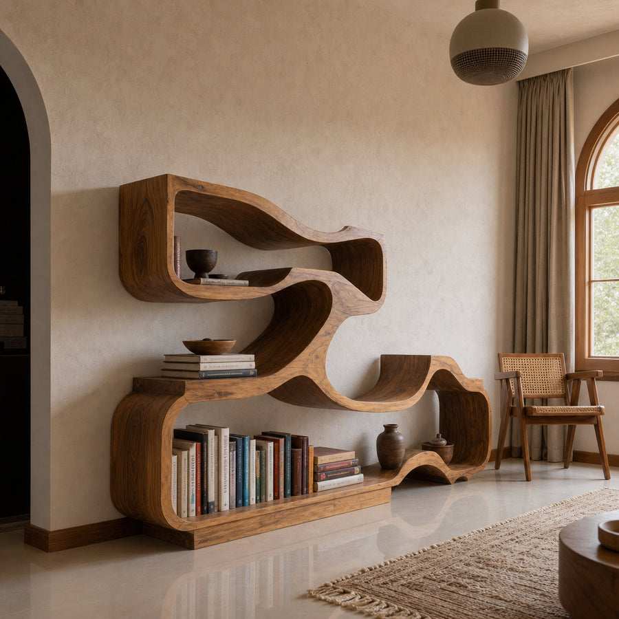 Artistic Bookshelf With Flowing Design For Living Room