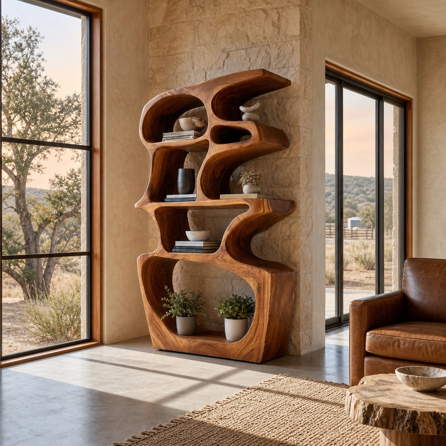 Artistic Bookshelf With Sculptural Open Shelves For Home Styling