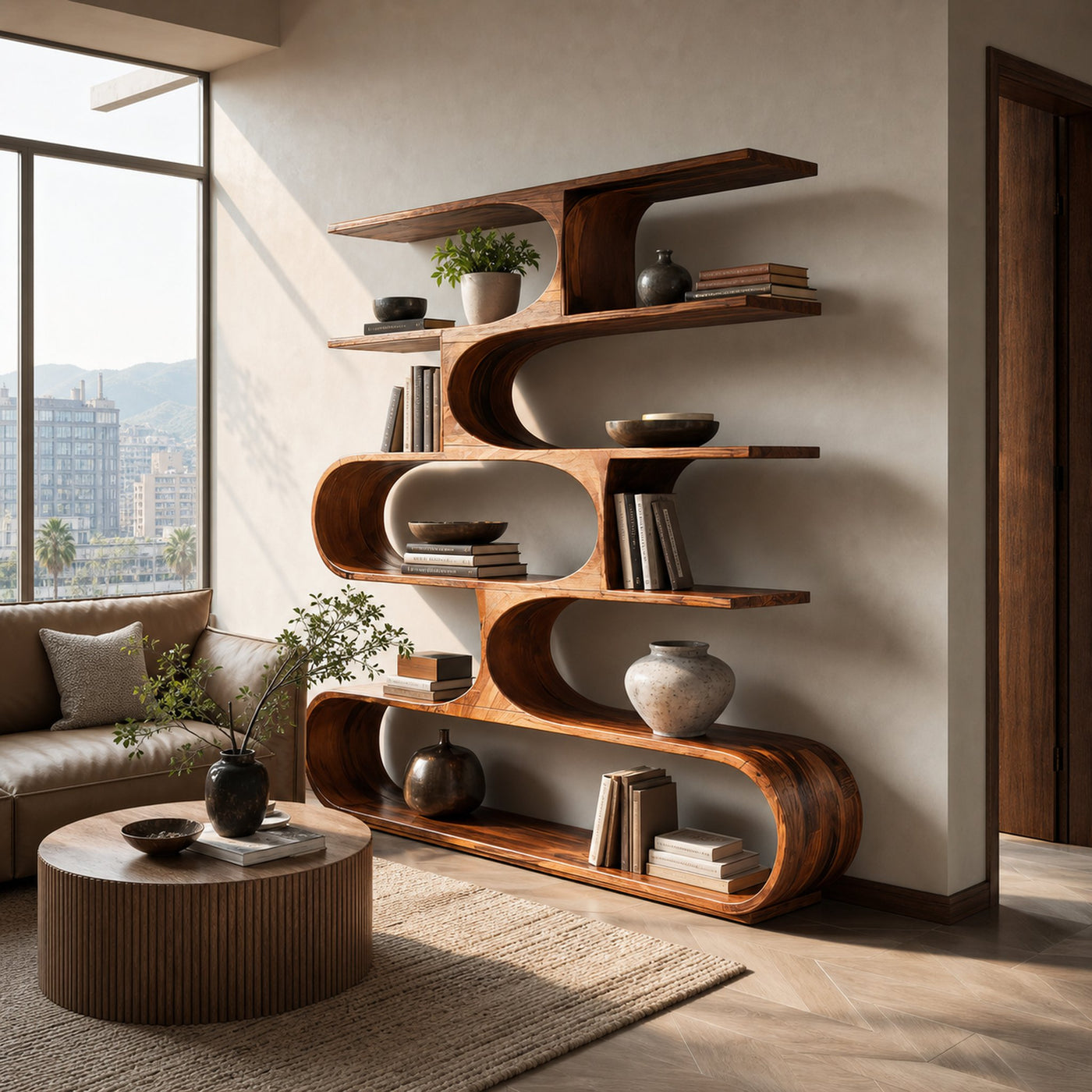 Artistic Curved Bookcase For Living Room Decor