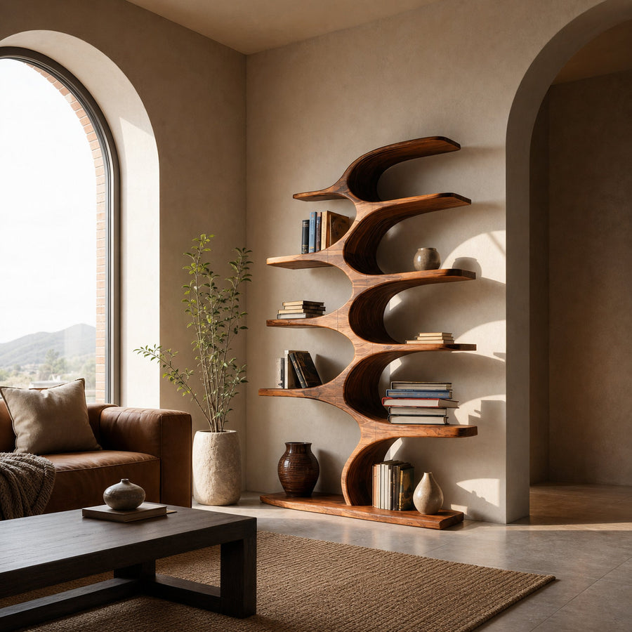 Artistic Curved Bookshelf Fluid Lines Statement For Designer Interiors