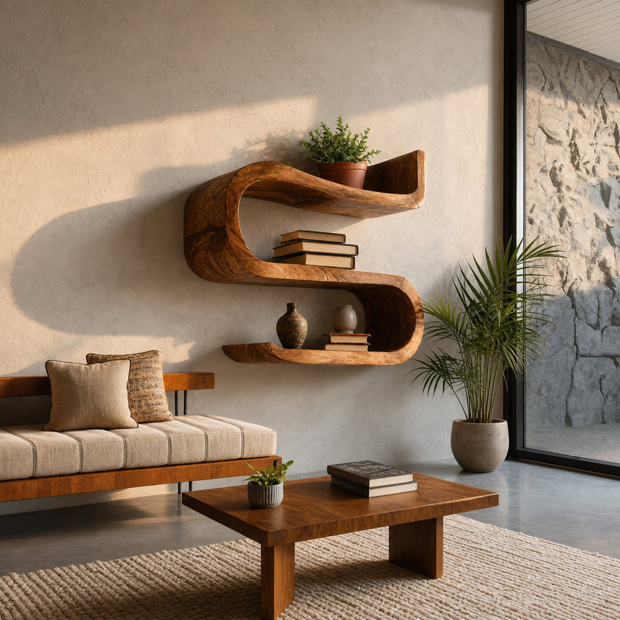 Artistic Handcrafted Curved Wall Shelf For Entryway Display