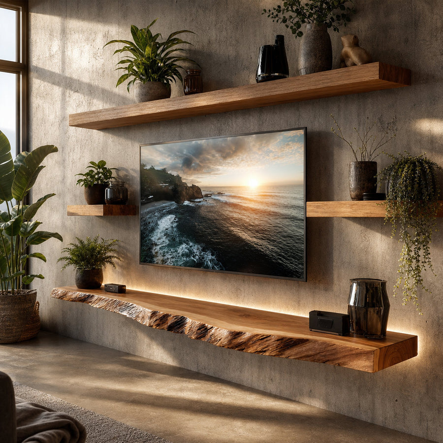 Artistic Live Edge Floating TV Shelf Solid Wood Living Room Interior Signature Furniture