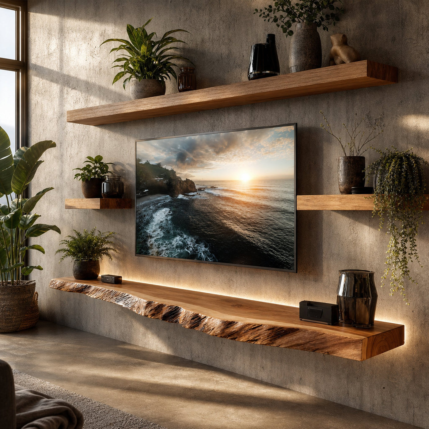 Artistic Live Edge Floating TV Shelf Solid Wood Living Room Interior Signature Furniture