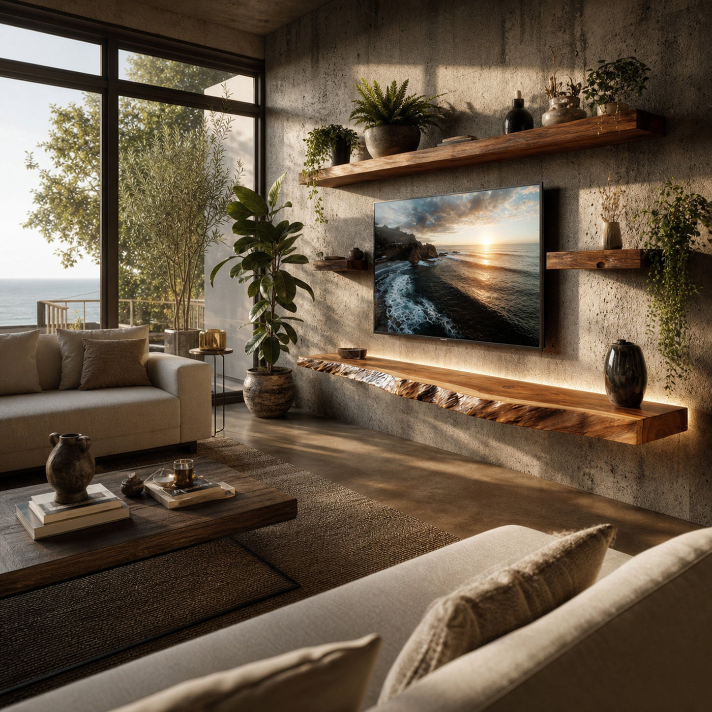 Artistic Live Edge Floating TV Shelf Solid Wood Living Room Interior Signature Furniture - product view 2