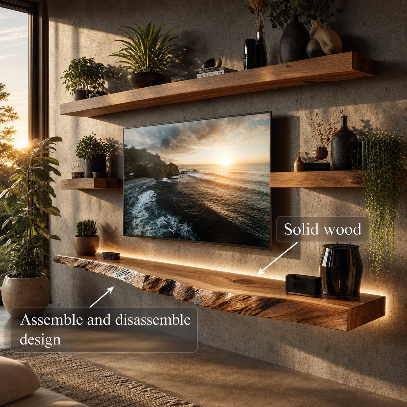 Artistic Live Edge Floating TV Shelf Solid Wood Living Room Interior Signature Furniture - product view 3