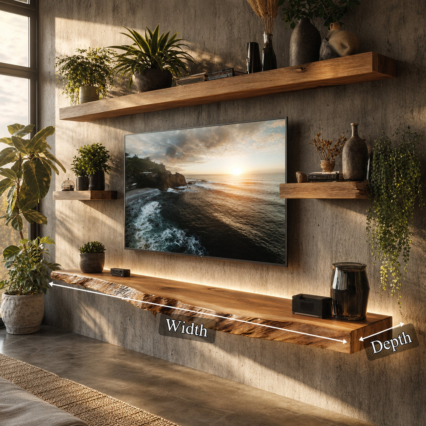 Artistic Live Edge Floating TV Shelf Solid Wood Living Room Interior Signature Furniture - product view 4