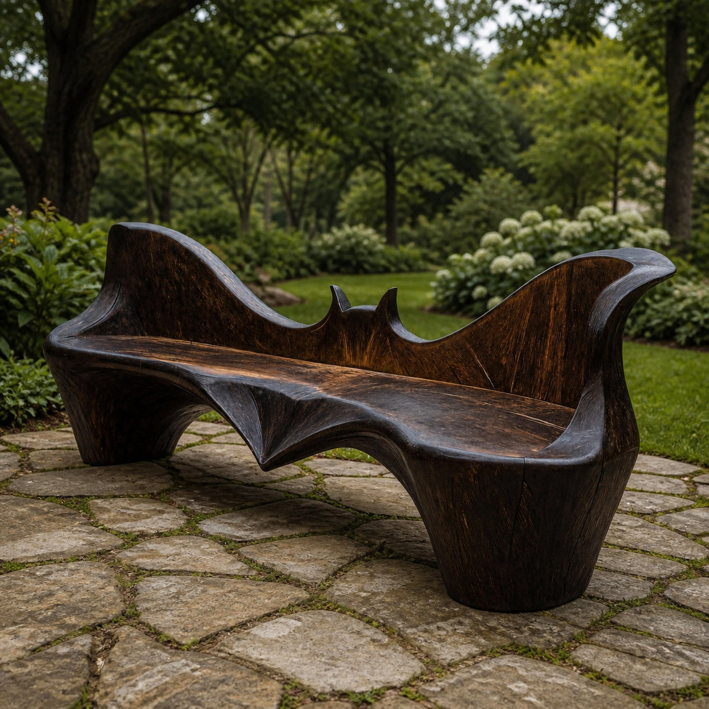 Artistic Sculpted Solid Wood Outdoor Bench With Organic Design For Garden Or Patio