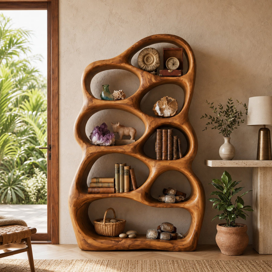 Artistic Sculptural Wood Bookshelf With Multi Tiers For Living Room