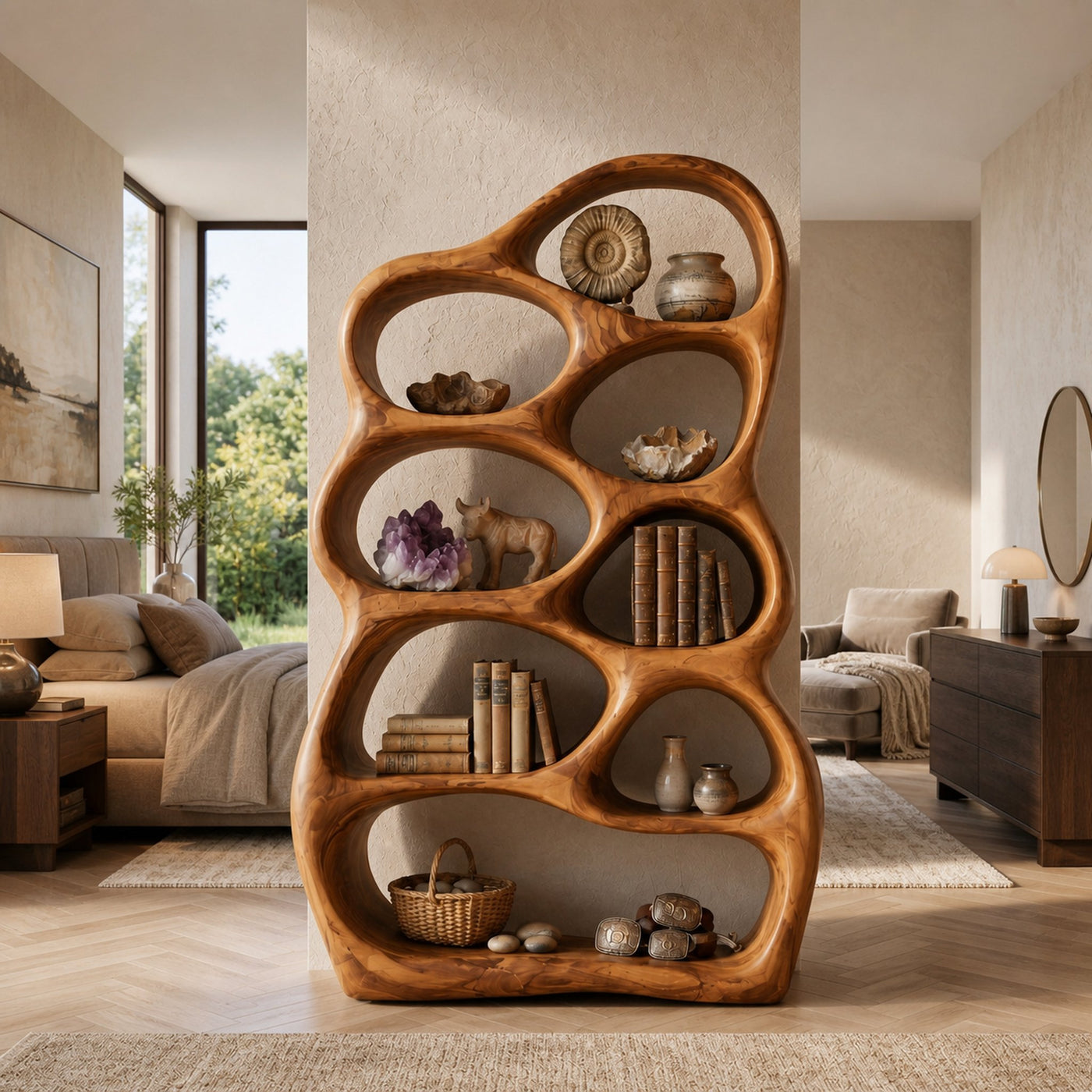 Artistic Sculptural Wood Bookshelf With Multi Tiers For Living Room - product view 6