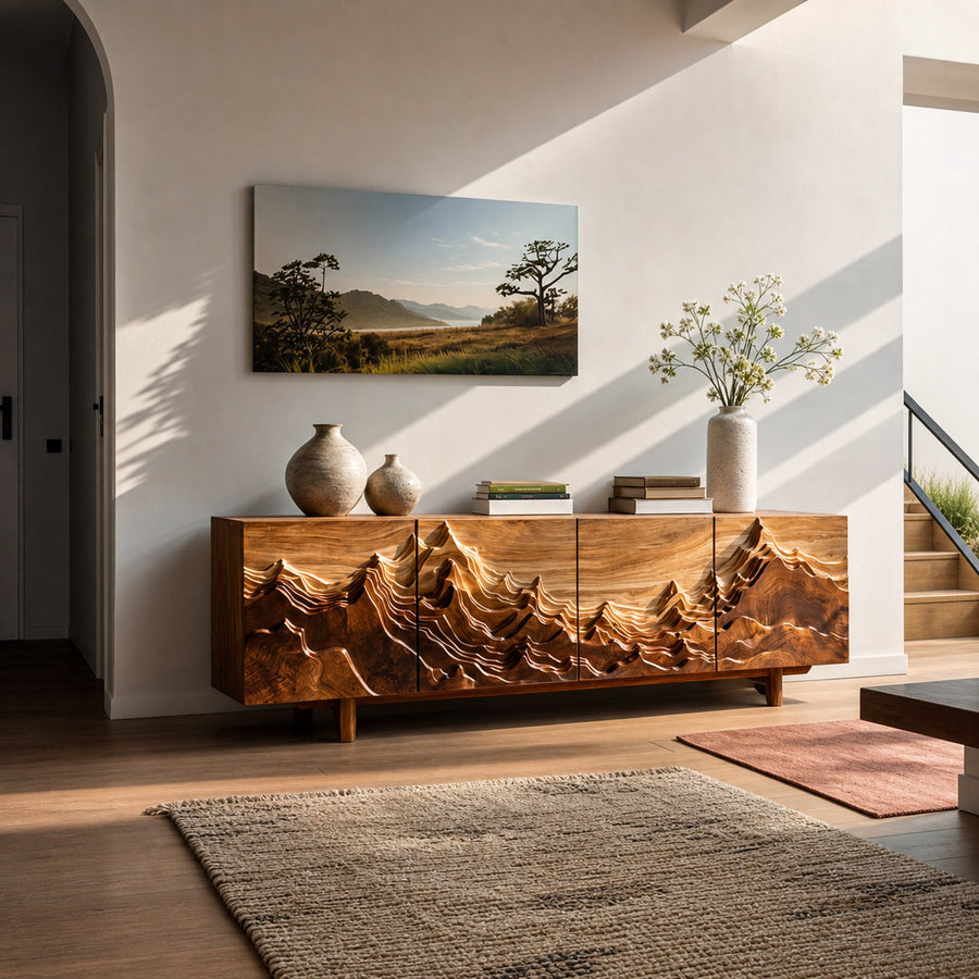 Artistic Sideboard With Carved Mountain Doors For Living Room