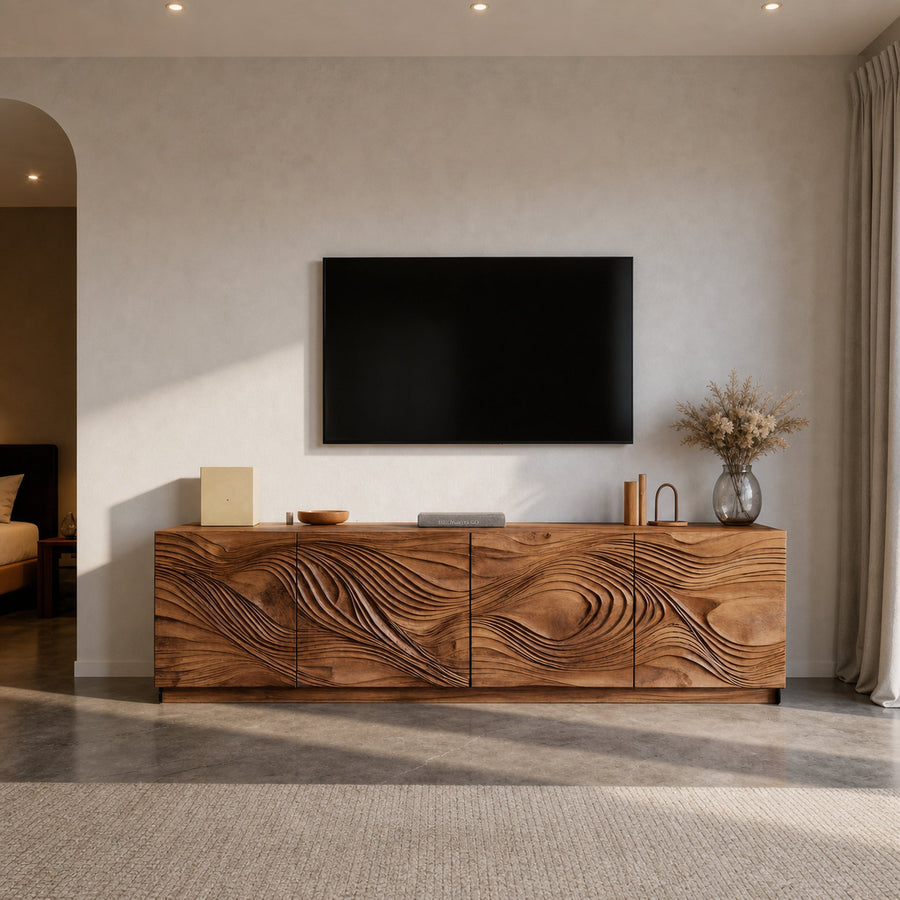 Artistic TV Console With Wave Pattern For Elegant Living Room