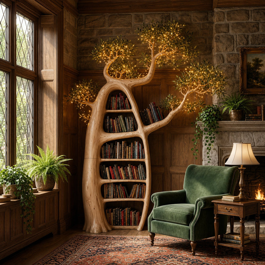Artistic Tree Bookshelf With Illuminated Branch Crown For Living Room