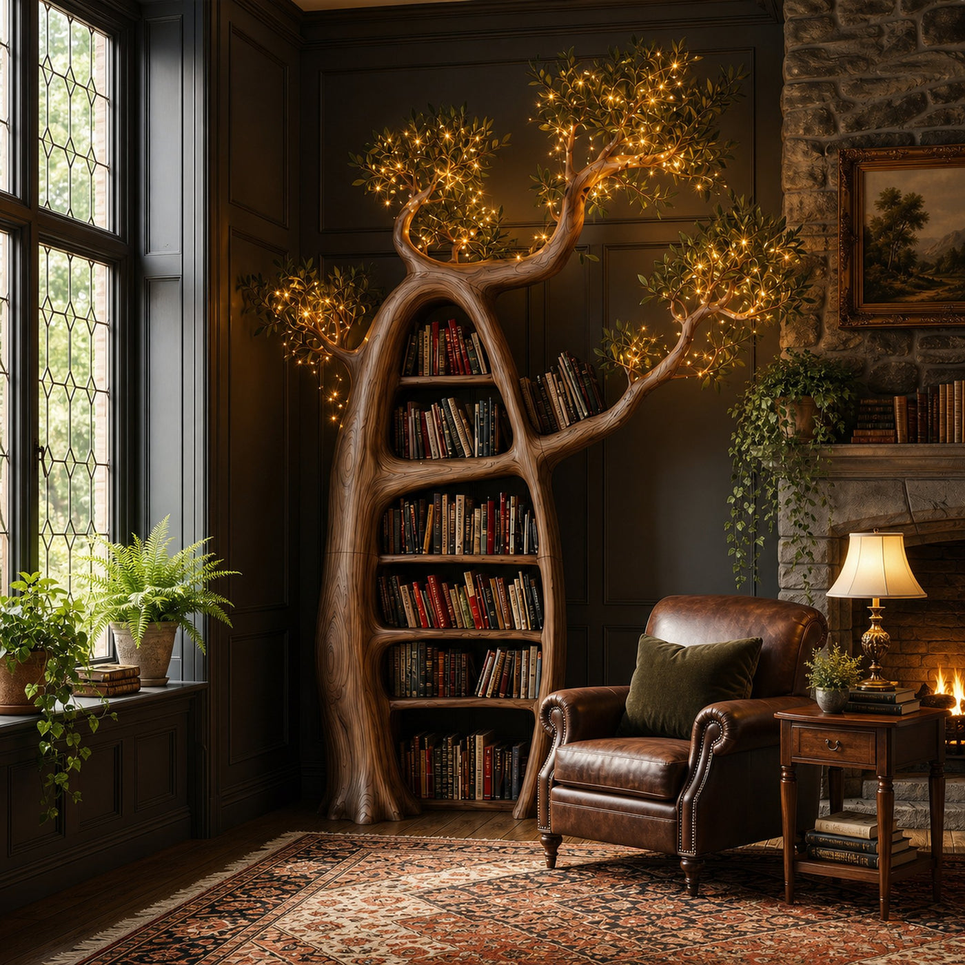 Artistic Tree Bookshelf With Illuminated Branch Crown For Living Room - product view 7