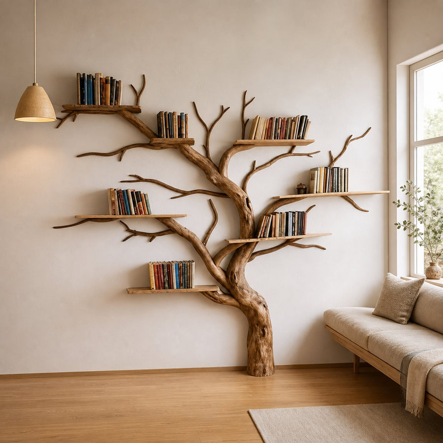 Artistic Wild Mulberry Solid Wood Tree Bookshelf For Living Room