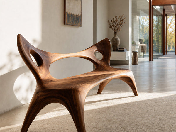 Artistic Wood Bench With Sculptural Backrest For Living Room