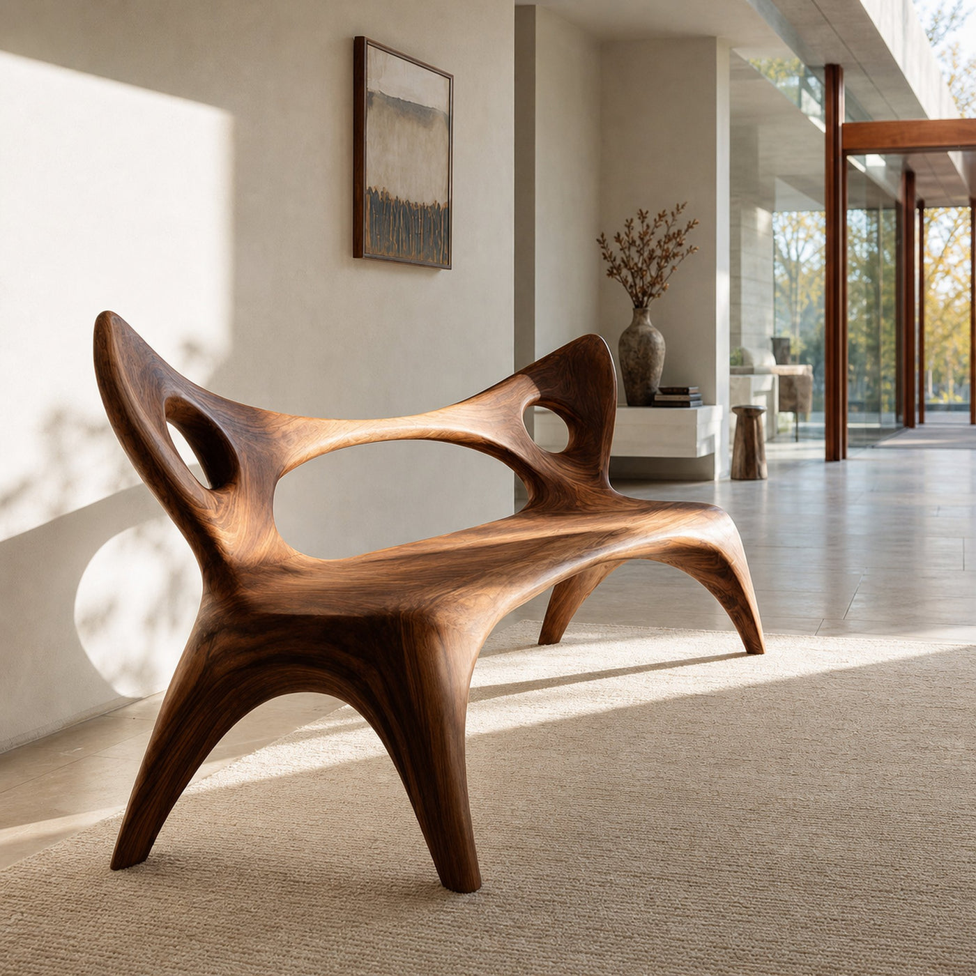 Artistic Wood Bench With Sculptural Backrest For Living Room