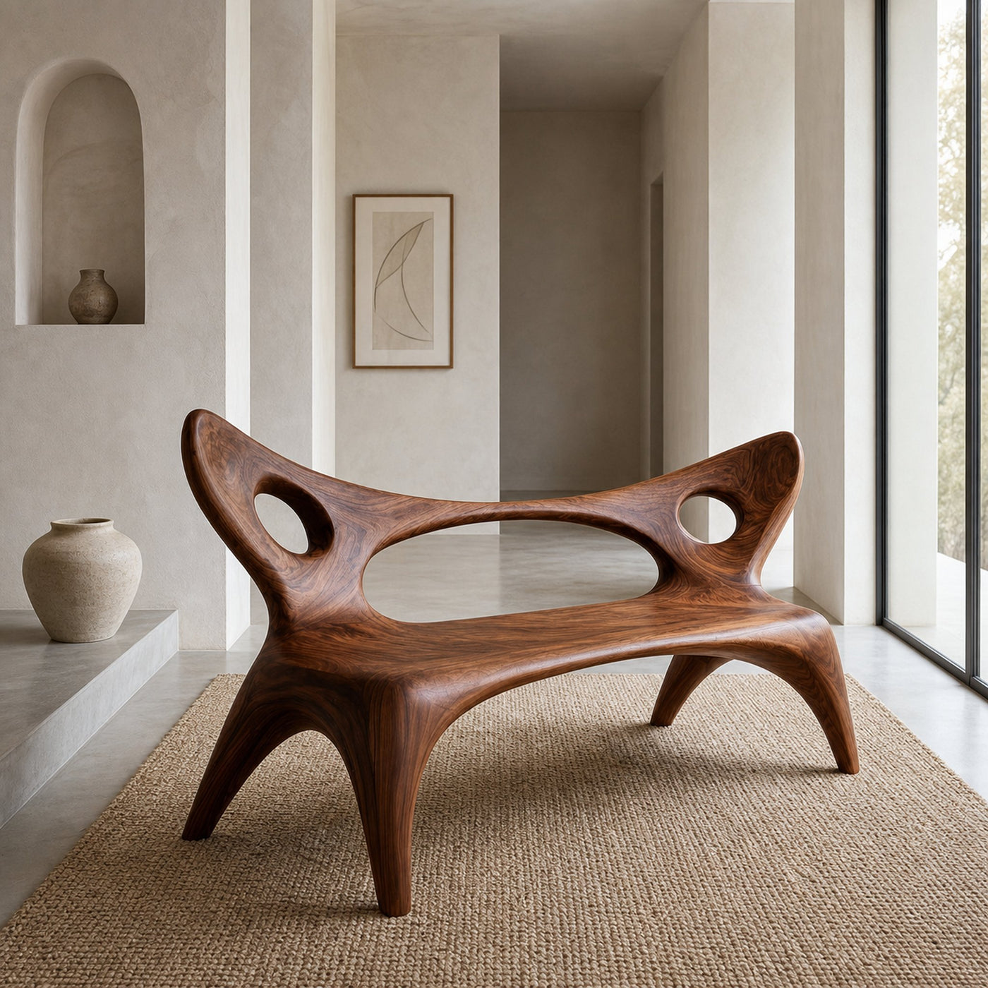 Artistic Wood Bench With Sculptural Backrest For Living Room - product view 6
