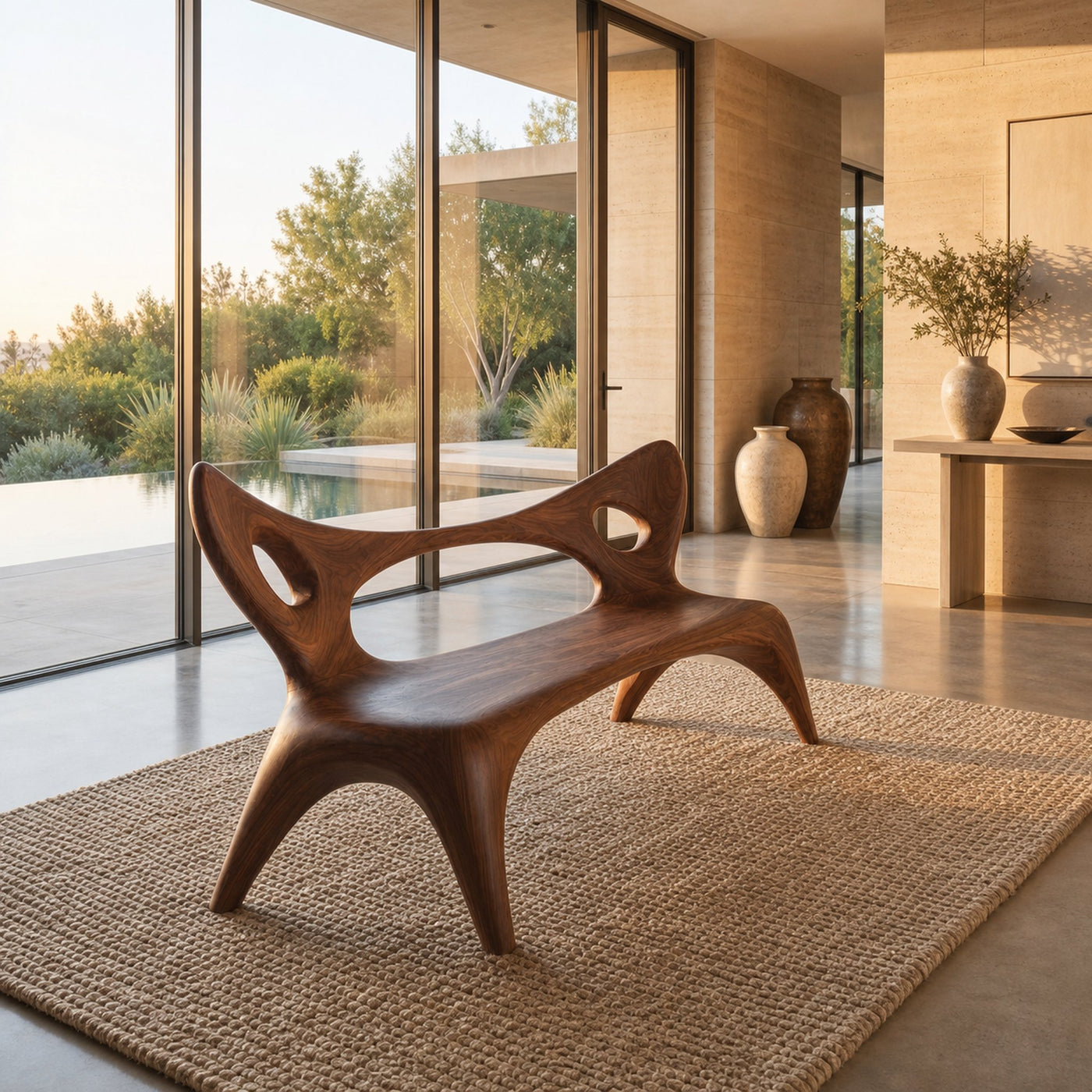 Artistic Wood Bench With Sculptural Backrest For Living Room - product view 7