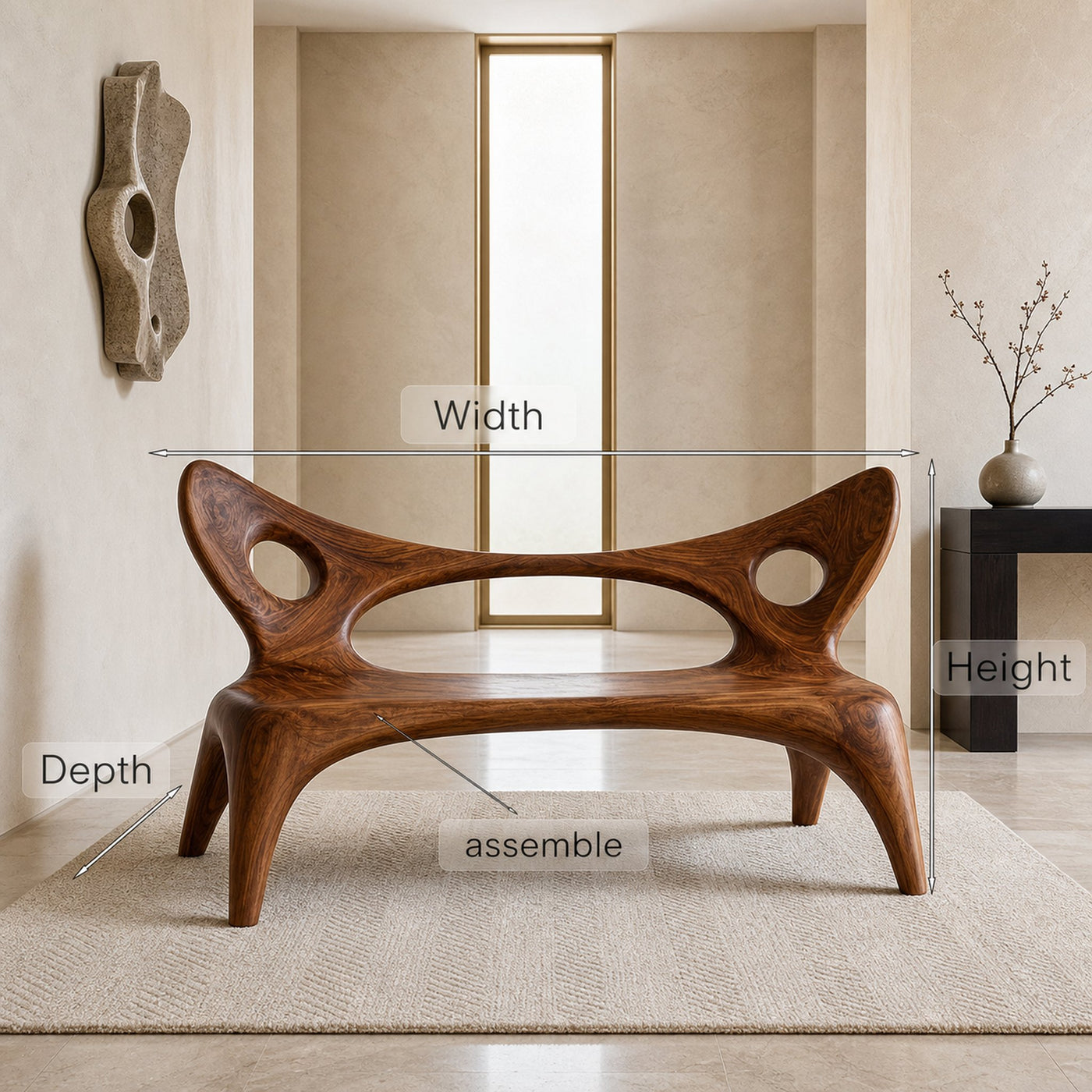 Artistic Wood Bench With Sculptural Backrest For Living Room - product view 8