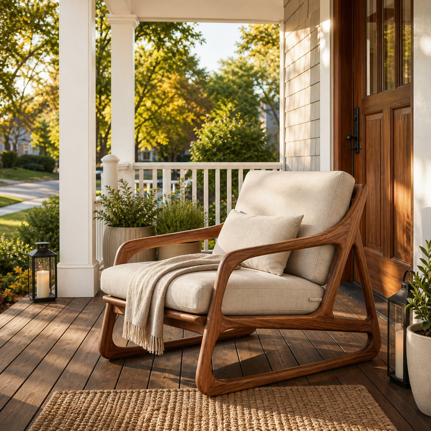 Artistic Wood Chair With Curved Structure For Home Balcony