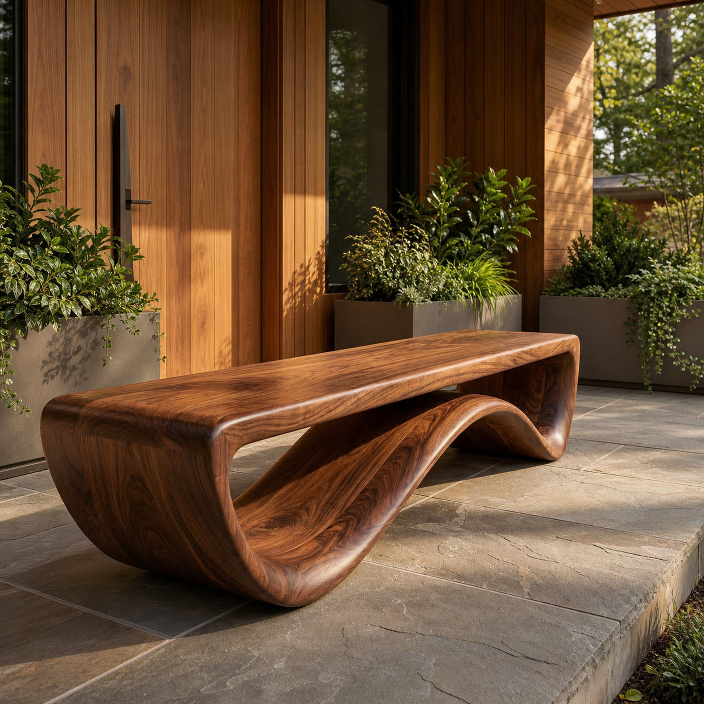Artistic Wooden Bench With Unique Flowing Base For Modern Home