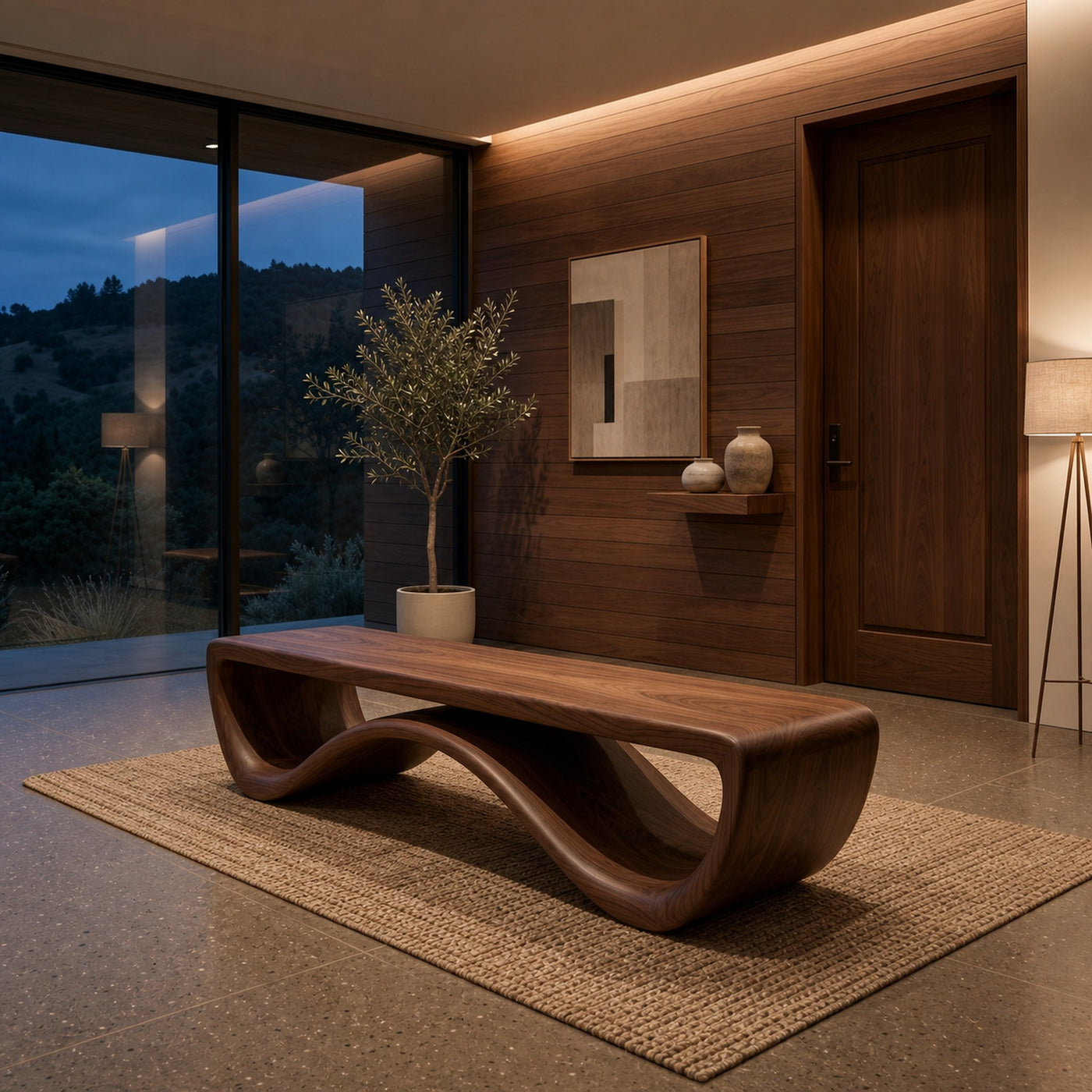 Artistic Wooden Bench With Unique Flowing Base For Modern Home - product view 7