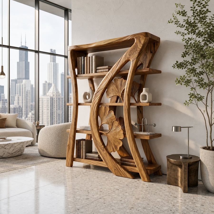 Artistic Wooden Bookcase With Botanical Sculpture Design