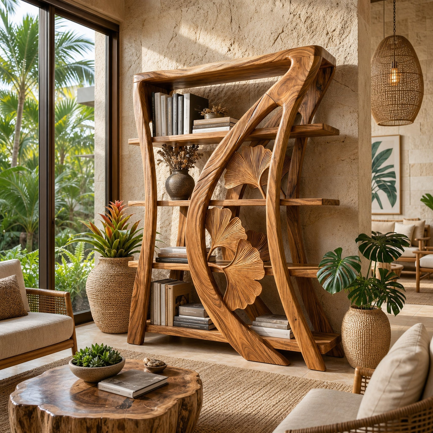 Artistic Wooden Bookcase With Botanical Sculpture Design - product view 6