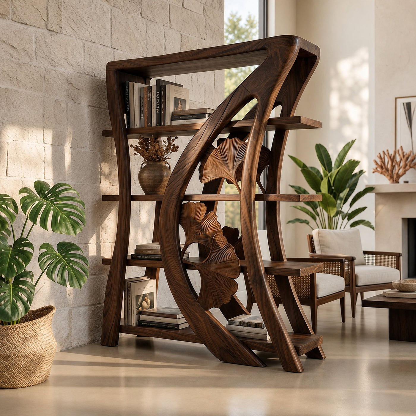 Artistic Wooden Bookcase With Botanical Sculpture Design - product view 7
