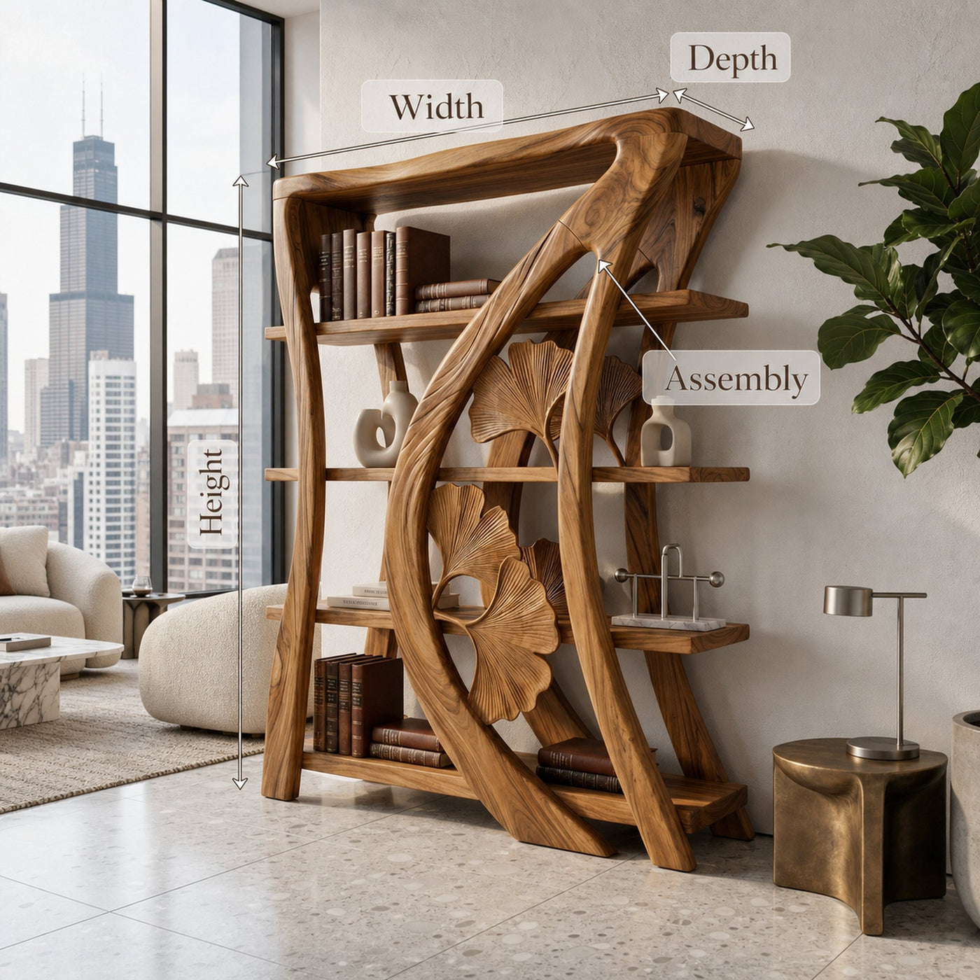 Artistic Wooden Bookcase With Botanical Sculpture Design - product view 8