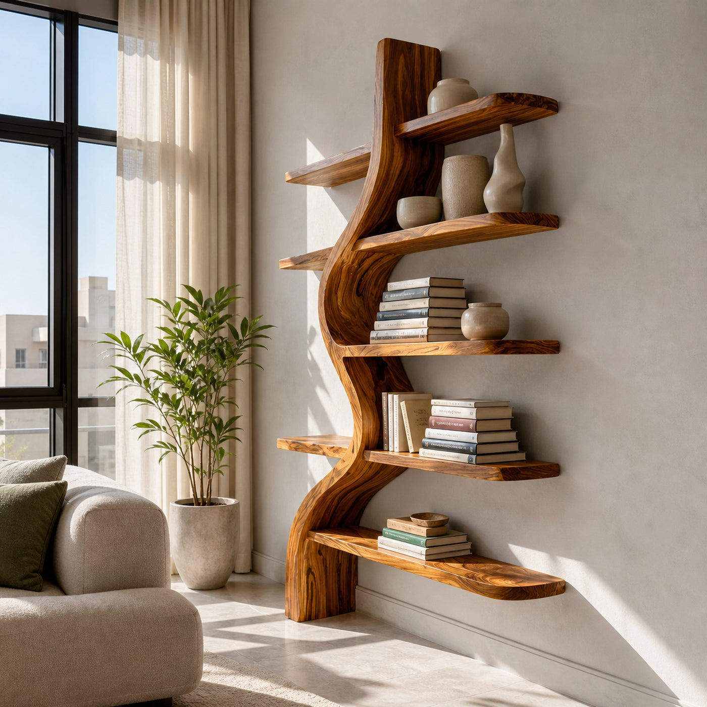 Artistic Wooden Bookshelf For Japandi Modern Interior