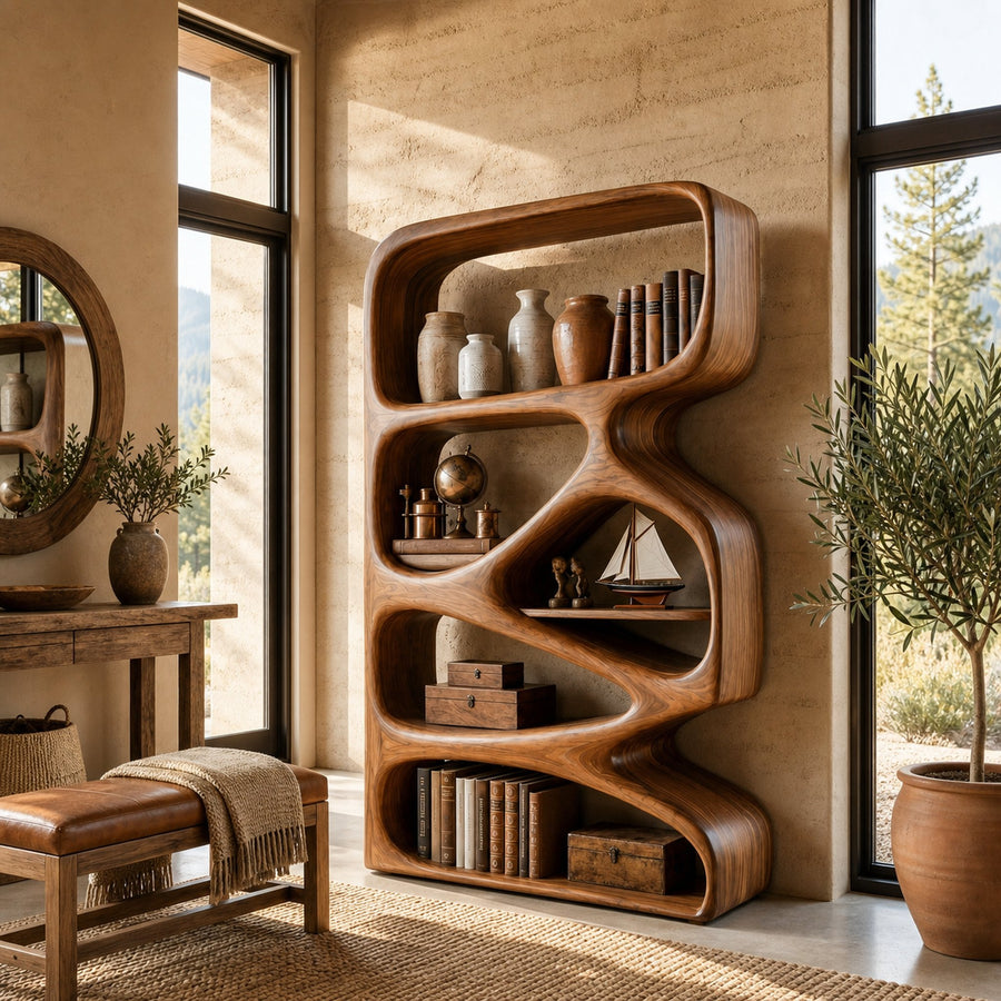 Artistic Wooden Bookshelf With Functional Open Display Shelving For Living