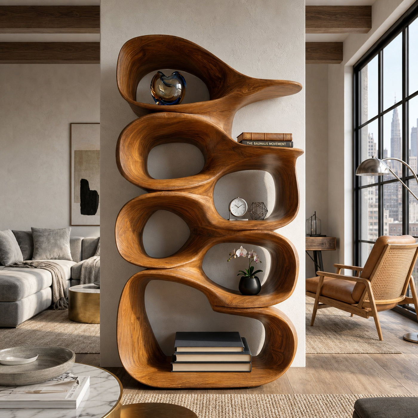 Artistic Wooden Bookshelf With Sculptural Display Shelving For Home Decor