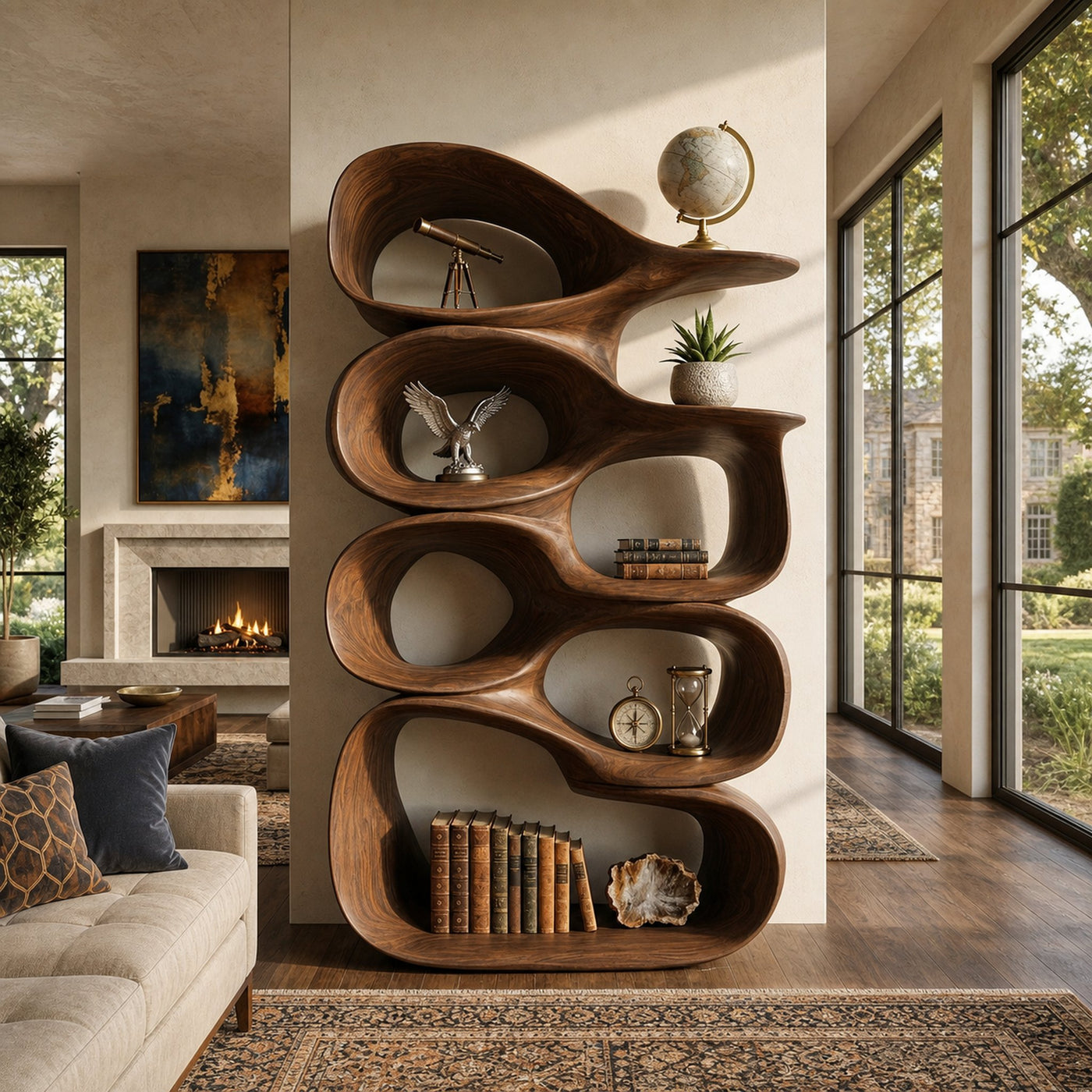 Artistic Wooden Bookshelf With Sculptural Display Shelving For Home Decor - product view 7