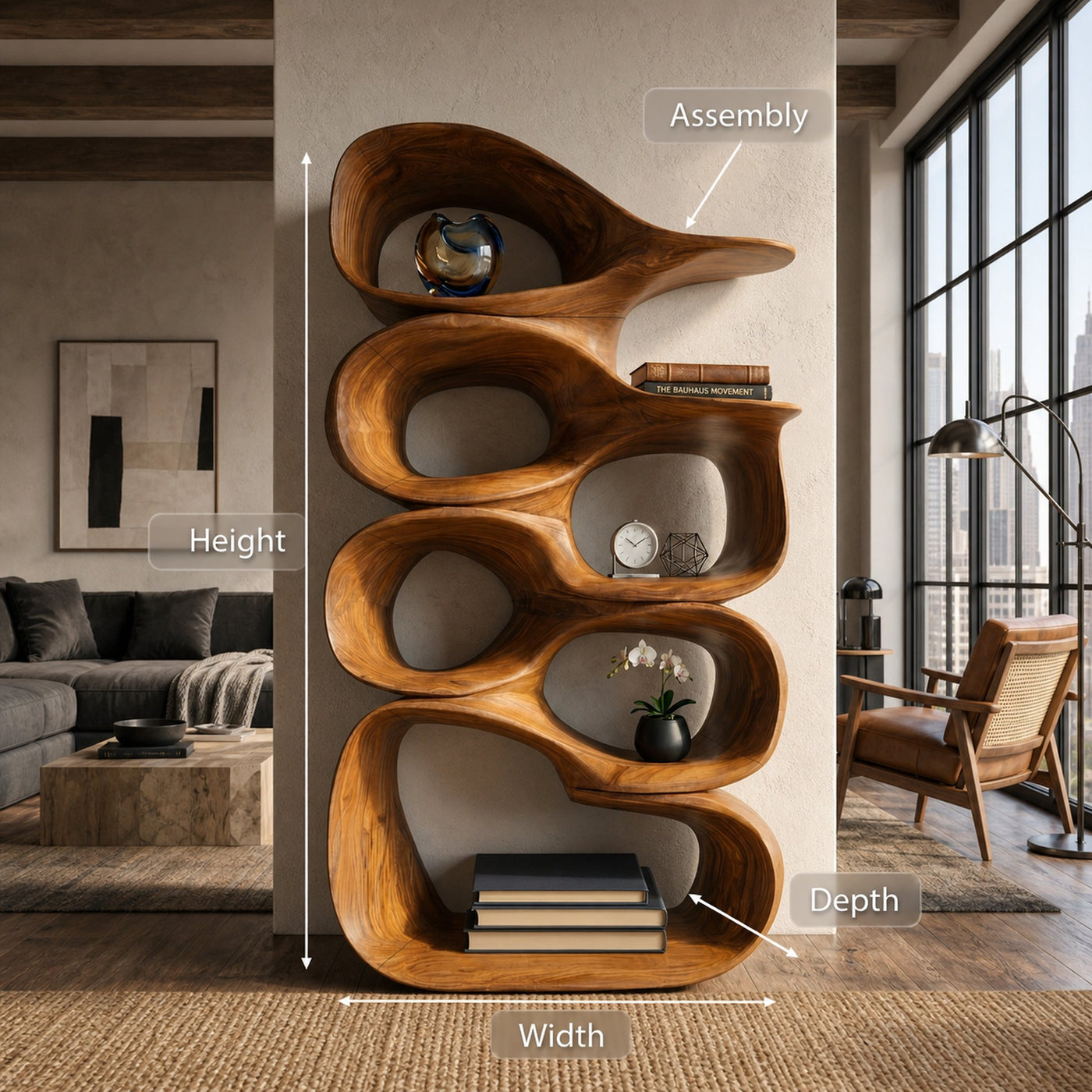 Artistic Wooden Bookshelf With Sculptural Display Shelving For Home Decor - product view 8