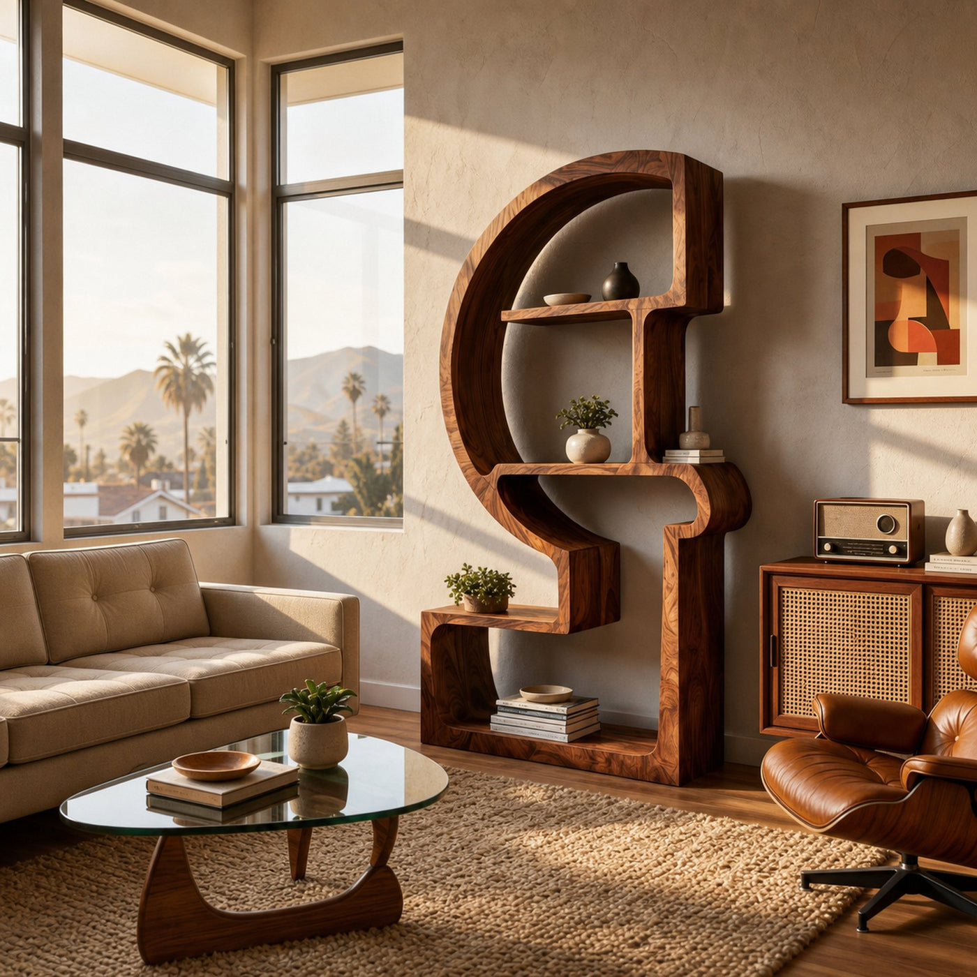 Artistic Wooden Bookshelf With Unique Curved Structure For Home
