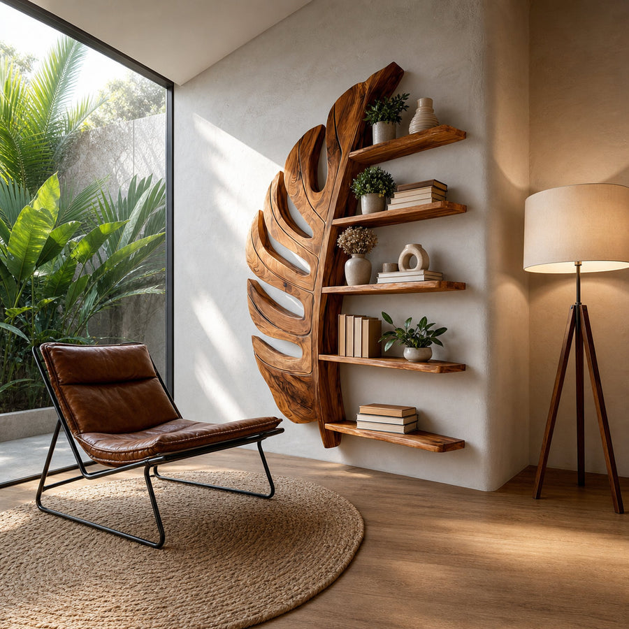 Artistic Wooden Leaf Statement Wall Bookshelf For Elegant Interiors