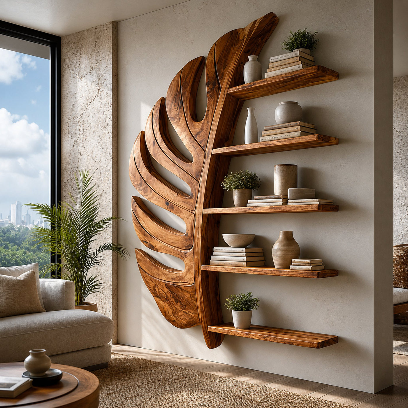 Artistic Wooden Leaf Statement Wall Bookshelf For Elegant Interiors - product view 7