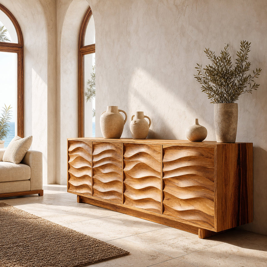 Artistic Wooden Sideboard With Wave Pattern Doors For Home