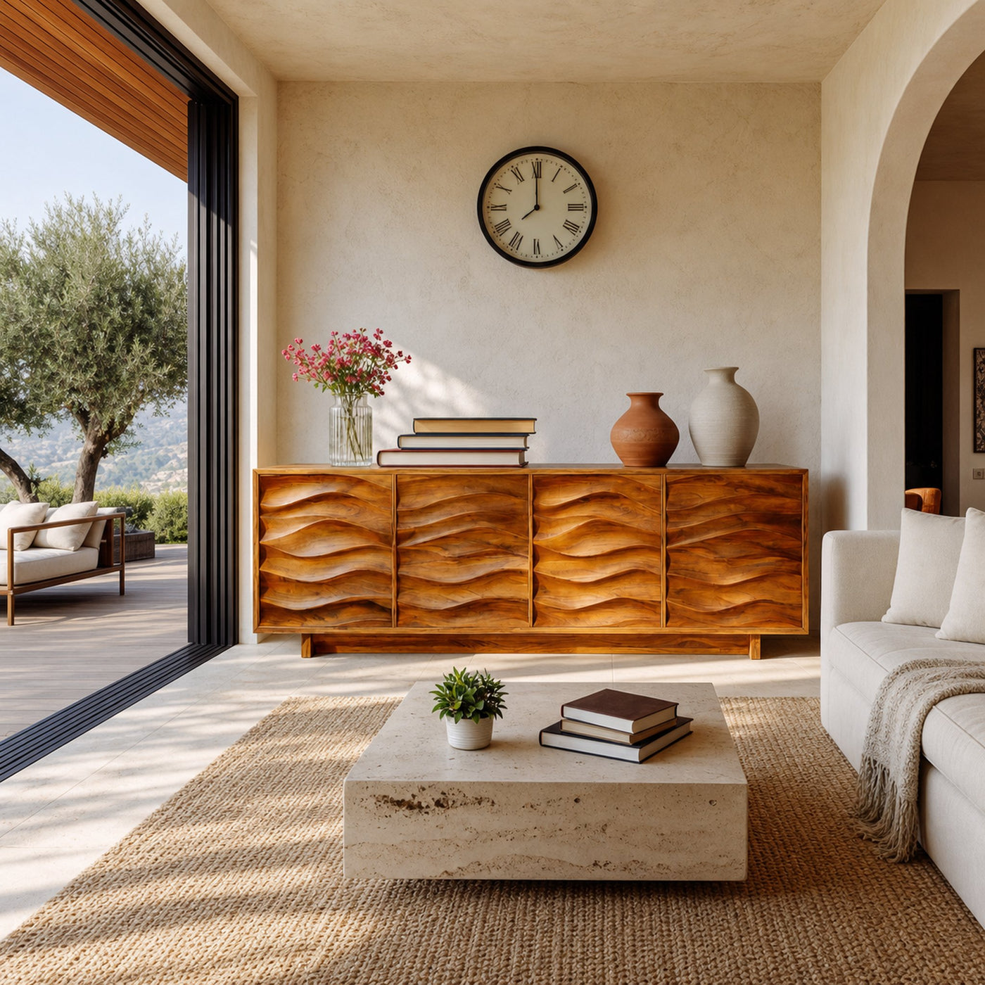 Artistic Wooden Sideboard With Wave Pattern Doors For Home - product view 2