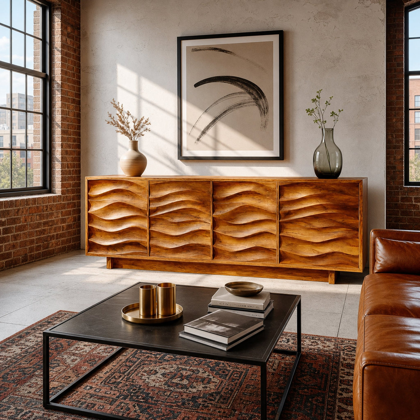 Artistic Wooden Sideboard With Wave Pattern Doors For Home - product view 3