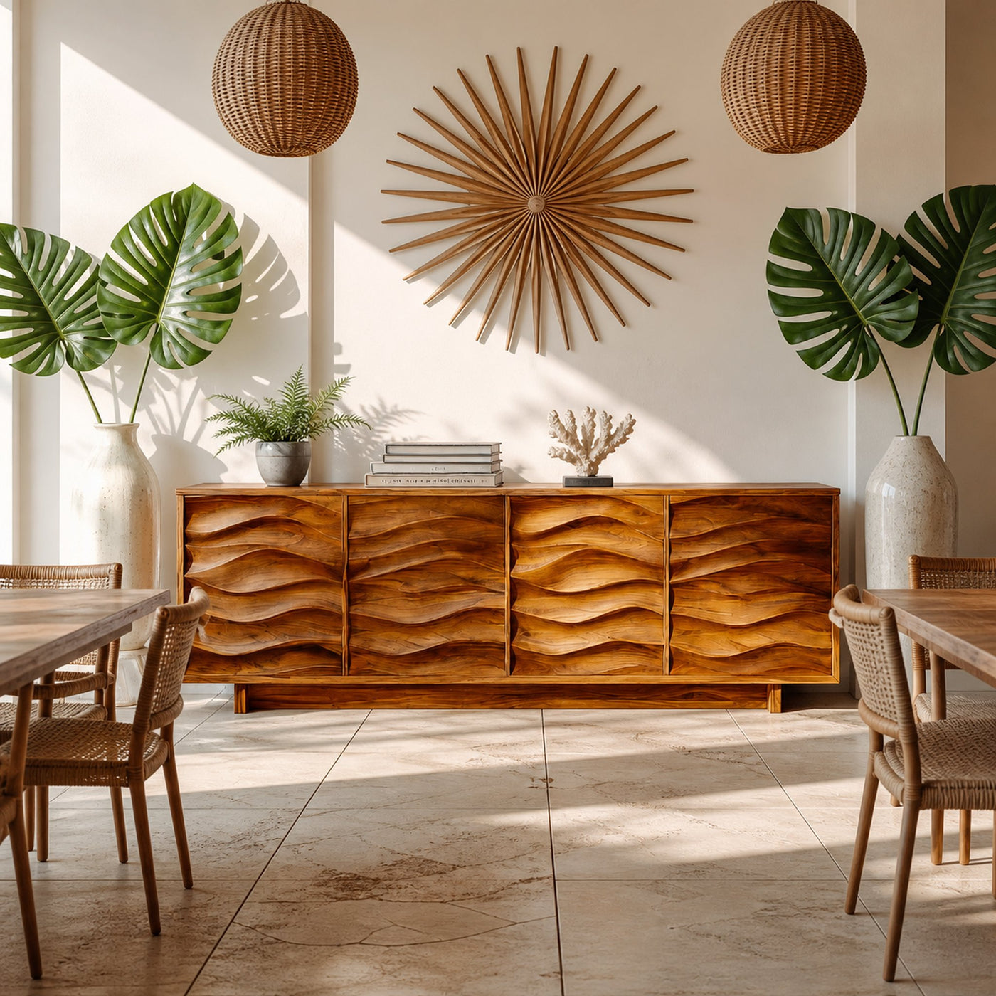 Artistic Wooden Sideboard With Wave Pattern Doors For Home - product view 5