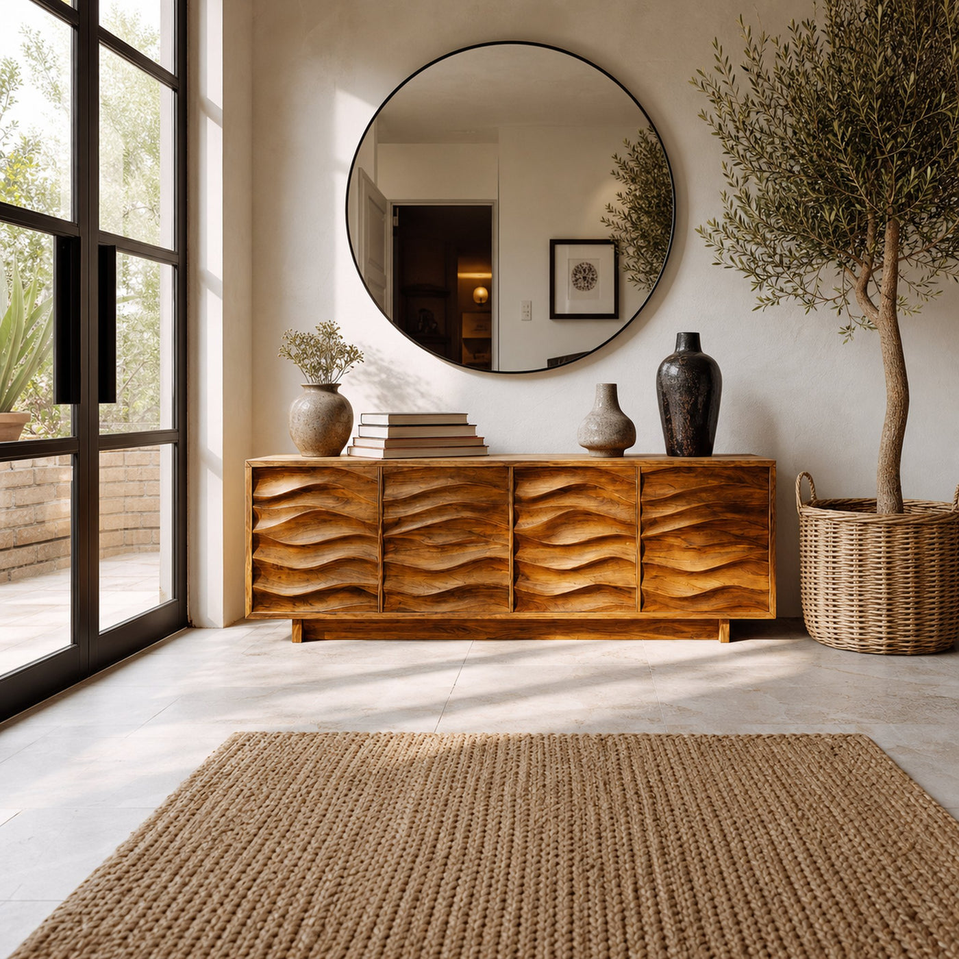 Artistic Wooden Sideboard With Wave Pattern Doors For Home - product view 6
