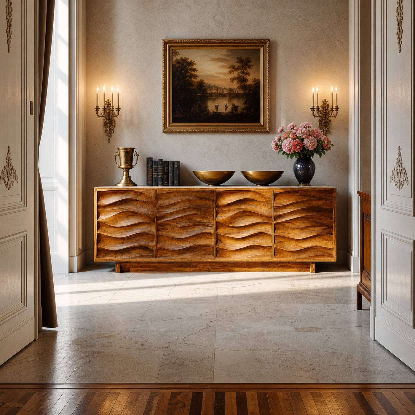 Artistic Wooden Sideboard With Wave Pattern Doors For Home - product view 7