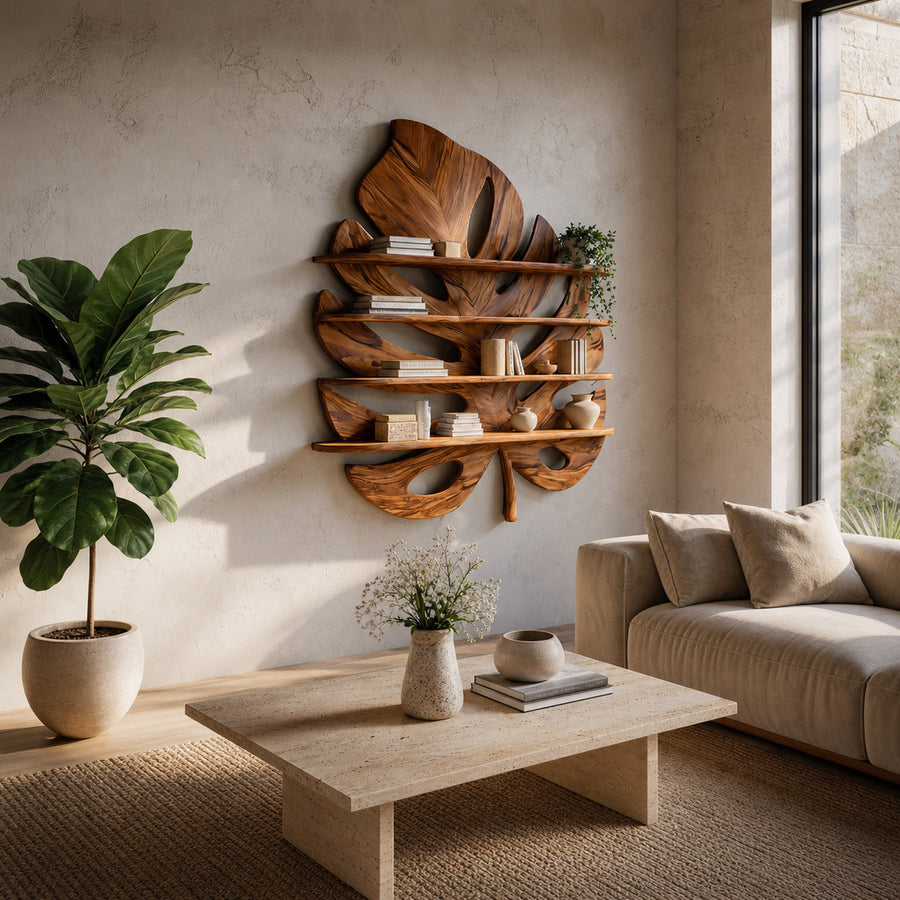 Artistic Wooden Tropical Leaf Wall Mounted Bookshelf For Home Decor