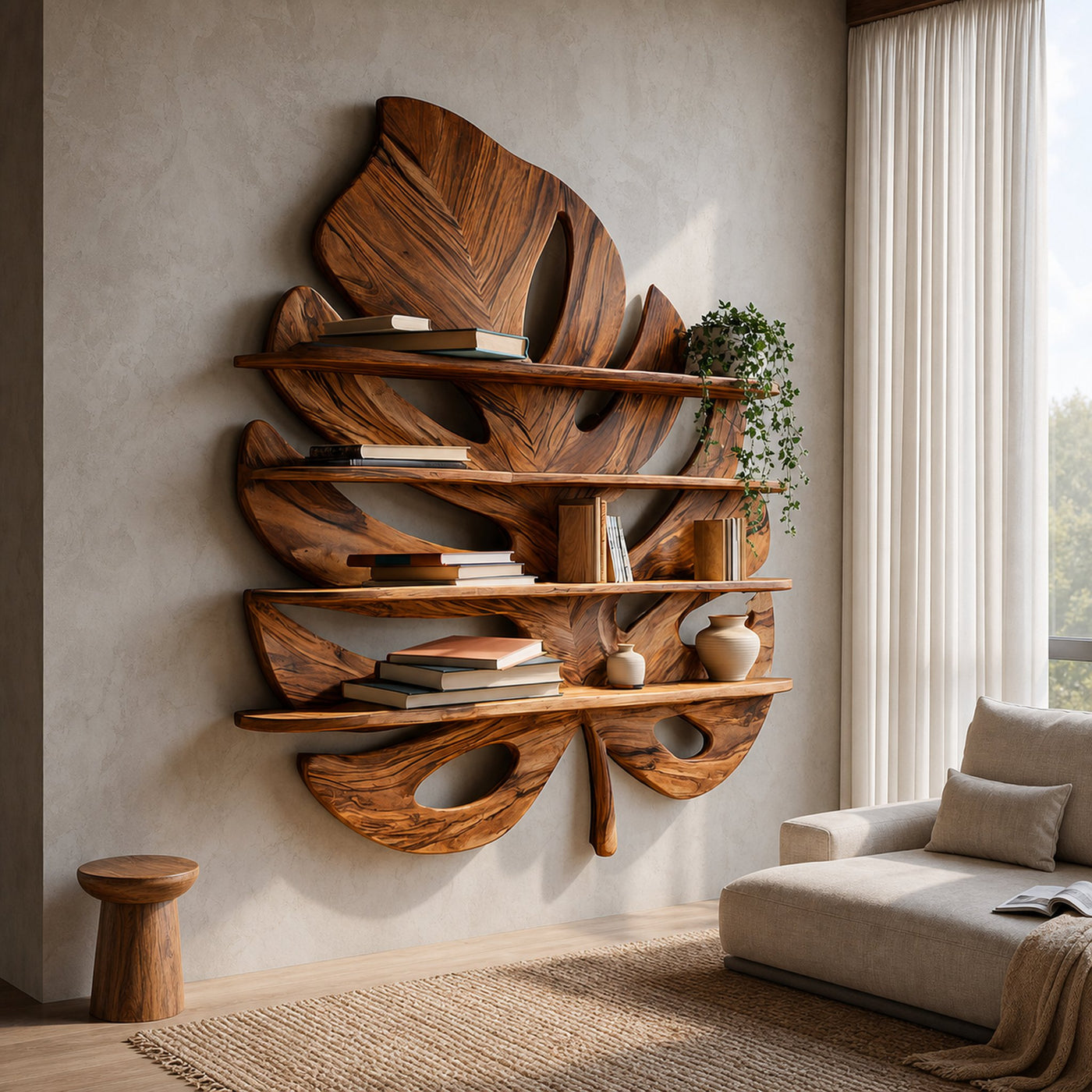Artistic Wooden Tropical Leaf Wall Mounted Bookshelf For Home Decor - product view 6